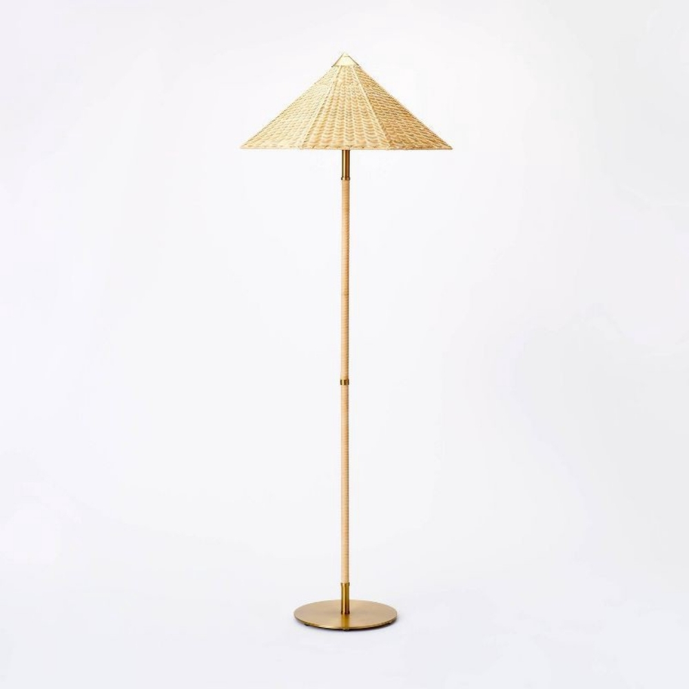 STUDIO MCGEE Floor Lamp Gold Iron with Tapered Rattan Shade